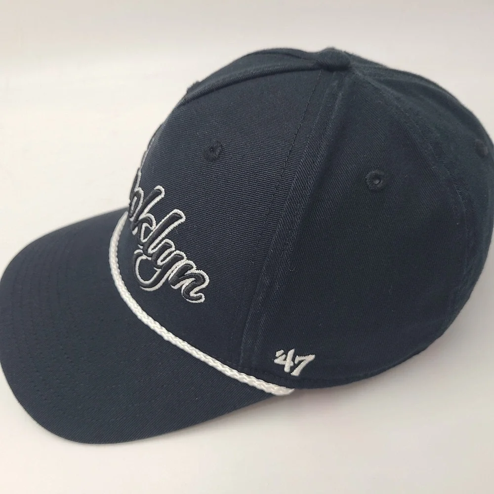 Brooklyn Nets Hat Snapback 47 Brand Hitch Black White Rope NBA Script Logo Men